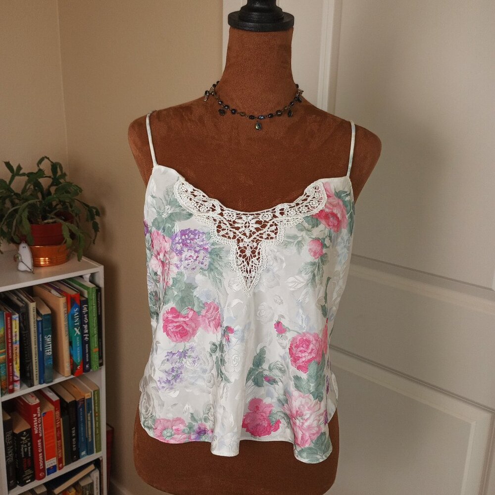 True Vintage 80s White Pastel Floral Jacquard Lace Trim Camisole Deena USA